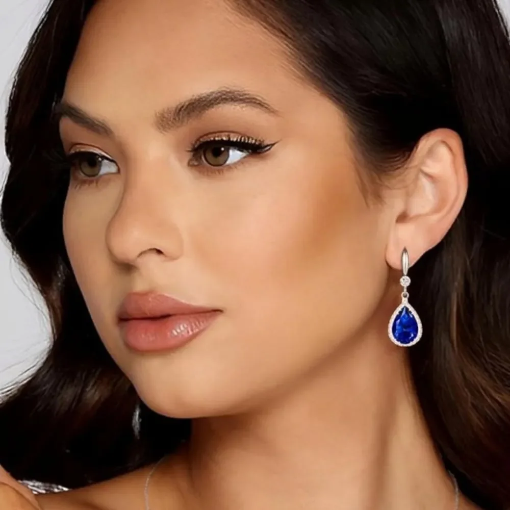 14K White Gold with Blue Sapphire Cubic Zirconia Teardrop Hook Dangle Earrings